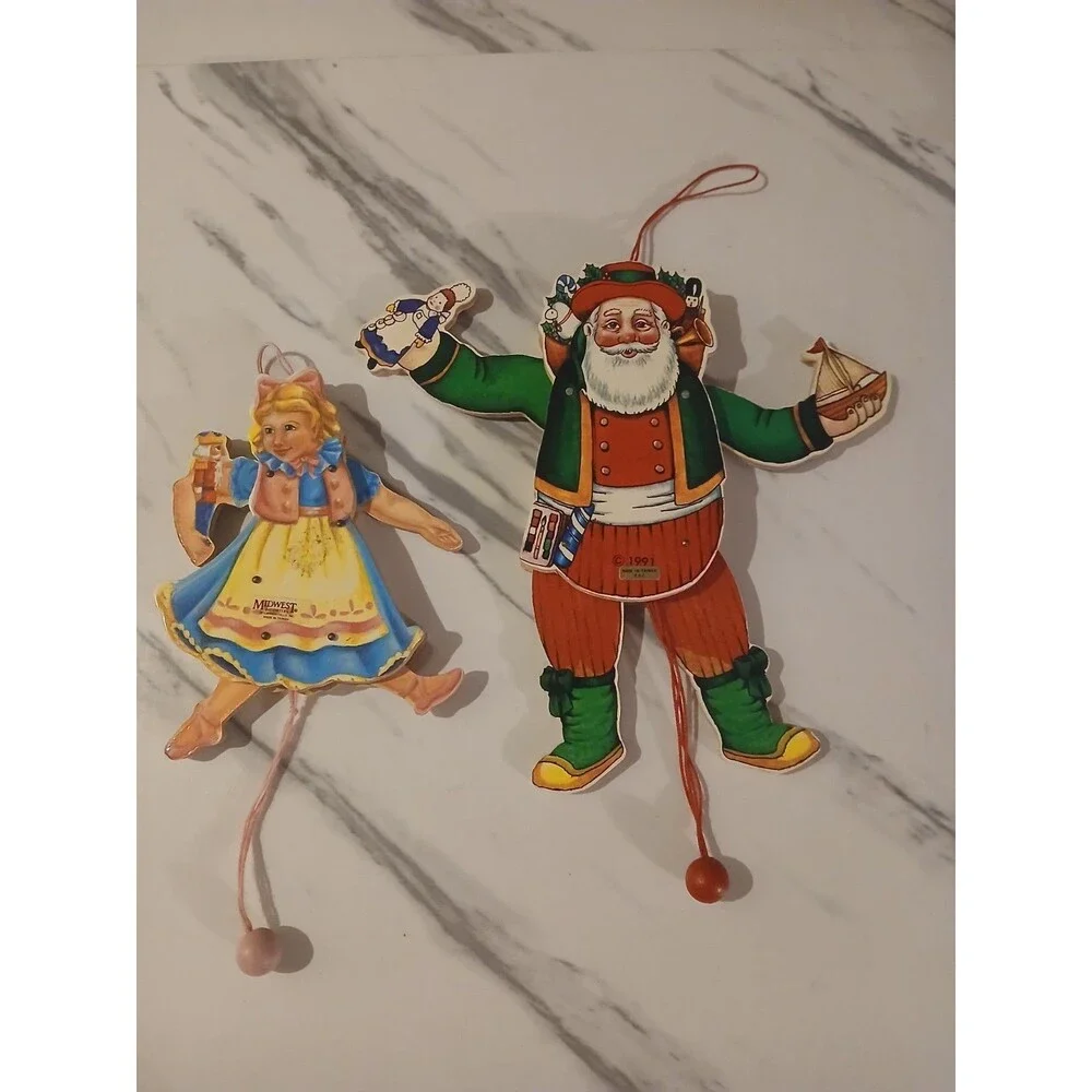 Lot Of 2 Vintage Pull String Puppet Ornaments Santa Little Girl Holiday Toy
